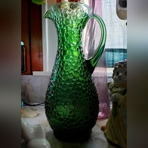 Antique Emerald Green Bubble Hobnail Glass Tall Pitcher MCM